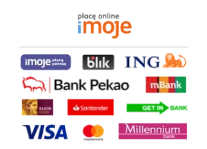Logo iMoje – szybkie i bezpieczne płatności online. Obsługiwane metody: BLIK, karty Visa i Mastercard, szybkie przelewy, Google Pay, Apple Pay.