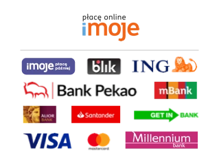 Logo iMoje – szybkie i bezpieczne płatności online. Obsługiwane metody: BLIK, karty Visa i Mastercard, szybkie przelewy, Google Pay, Apple Pay.